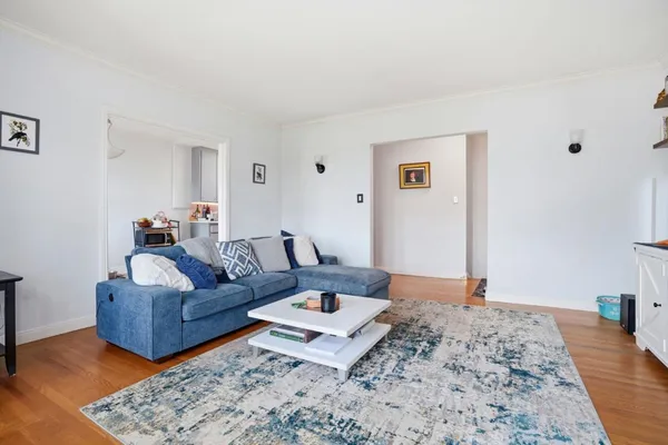 a living room with couch and a rug