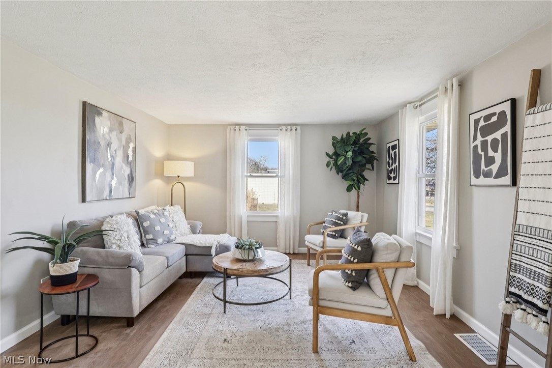 Living room featuring wood finished floors and a textured ceiling
