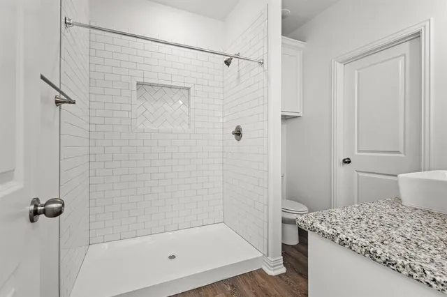 a bathroom with a granite countertop sink a toilet and shower