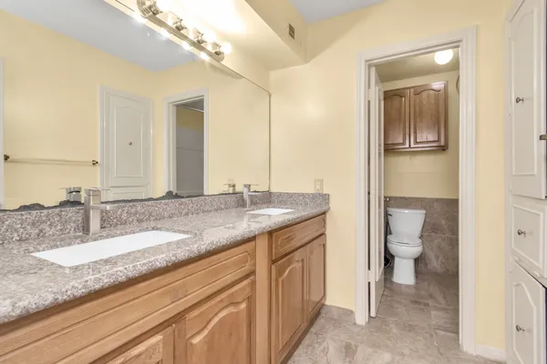 a bathroom with a granite countertop sink and a mirror