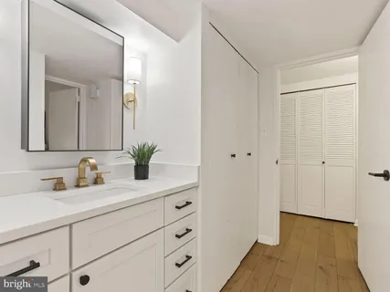a bathroom with a sink a mirror and a shower