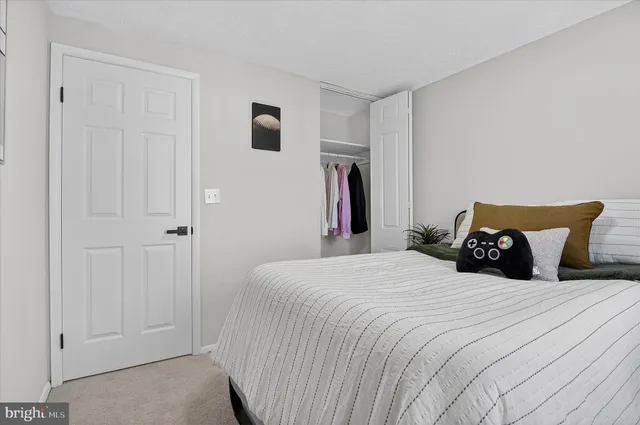 a bedroom with a bed and a closet