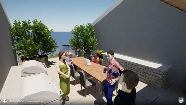 a view of a patio with table and chairs and potted plants