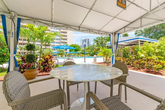 a view of a patio with a table chairs and a table