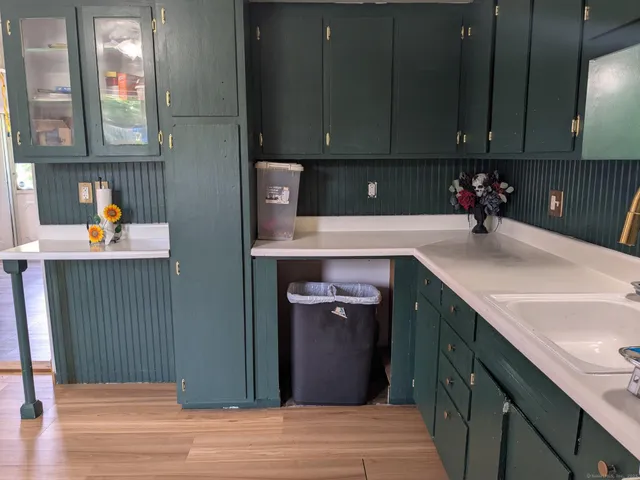 a kitchen with a sink and cabinets