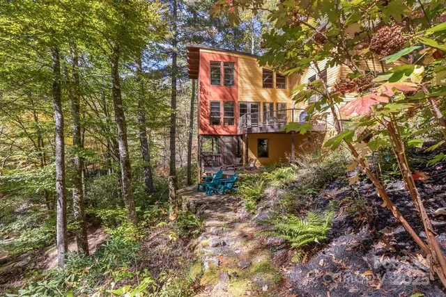 a backyard of a building with large trees and plants