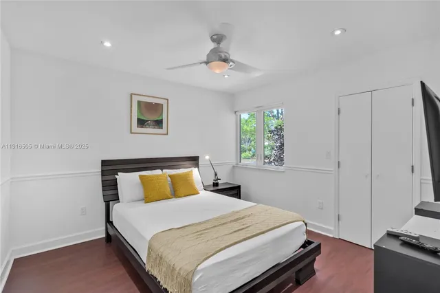 a bedroom with a bed and a painting on the wall