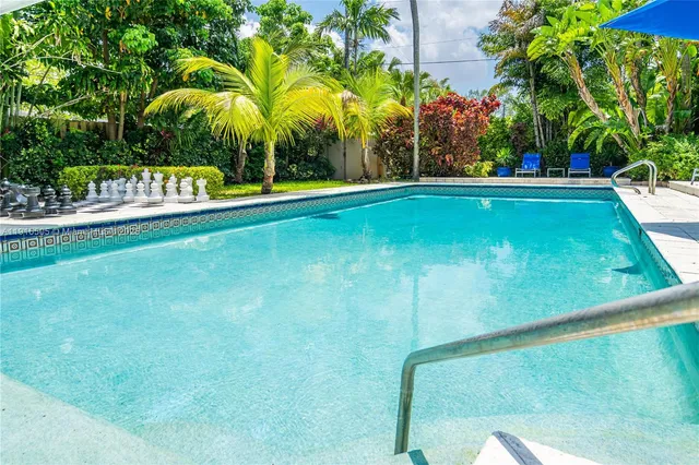 a view of a swimming pool with a yard