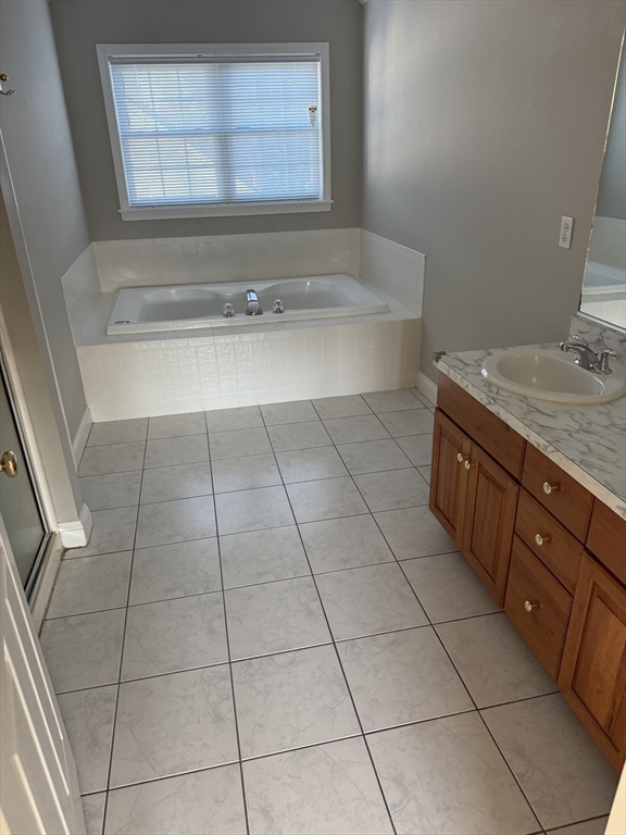 67 North Quinsigamond Avenue, Unit 9 Shrewsbury, MA 01545 - Photo 13 of 14 a bathroom with a granite countertop sink a mirror and a bathtub