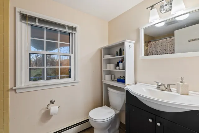 a bathroom with a sink a toilet and a mirror