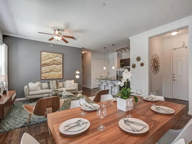 a view of a dining room with furniture