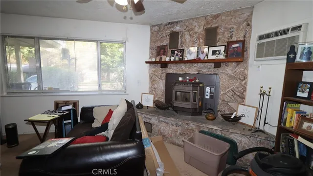a work room with furniture a flat screen tv and a fireplace