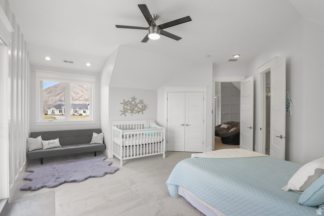 1354 South 800 East Mapleton, UT 84664 - Photo 69 of 129 Bedroom with a closet, a ceiling fan, carpet flooring, vaulted ceiling, and recessed lighting
