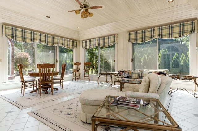a living room with a fireplace