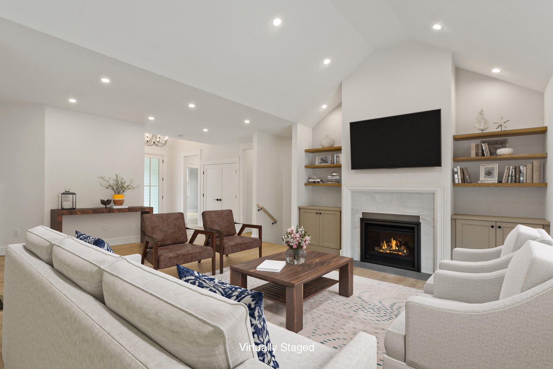 99 Orchard Road Mashpee, MA 02649 - Photo 8 of 49 a living room with furniture a fireplace and a flat screen tv