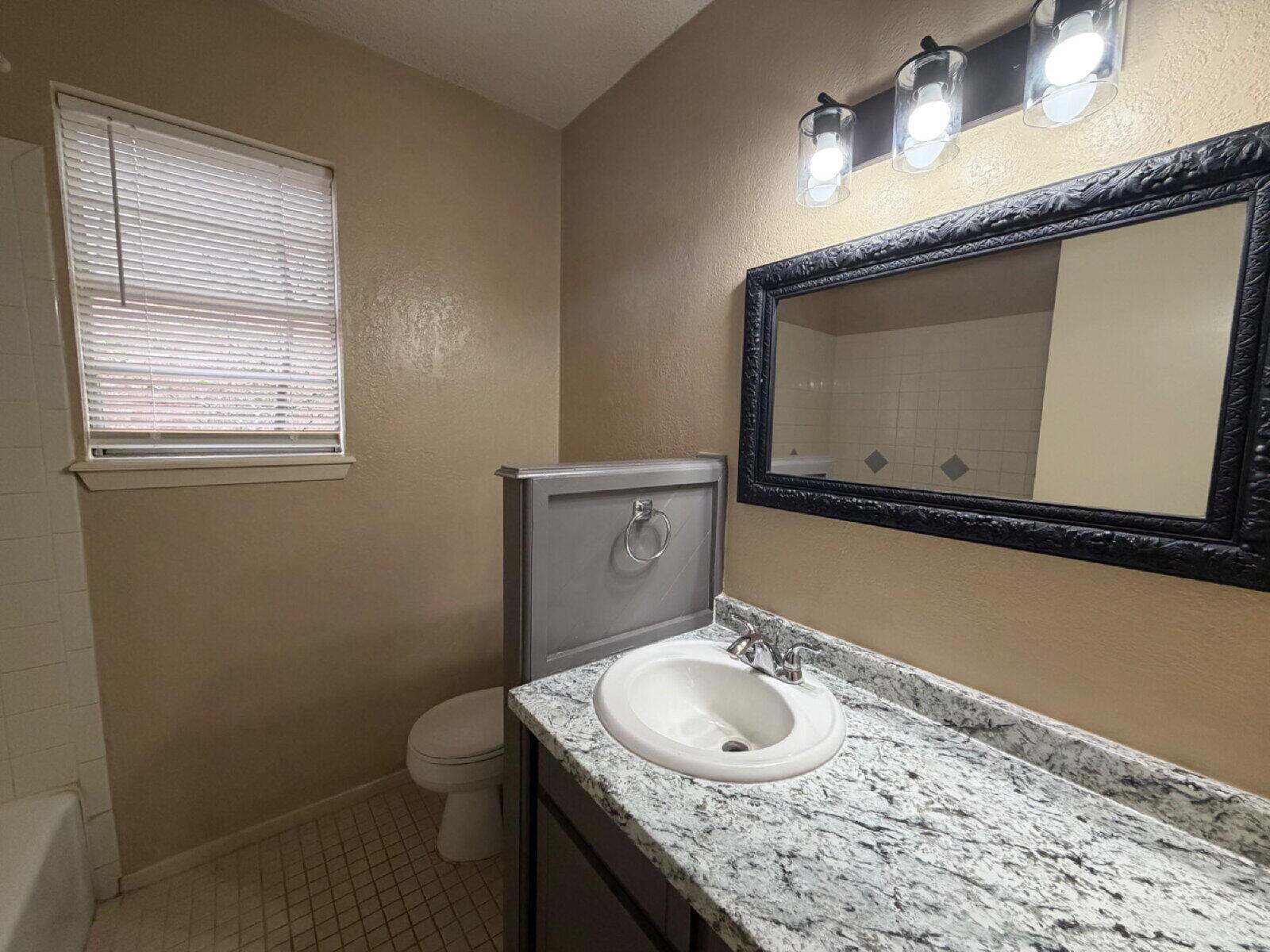 6306 28th Street Lubbock, TX 79407 - Photo 8 of 9 a bathroom with a granite countertop sink and a toilet
