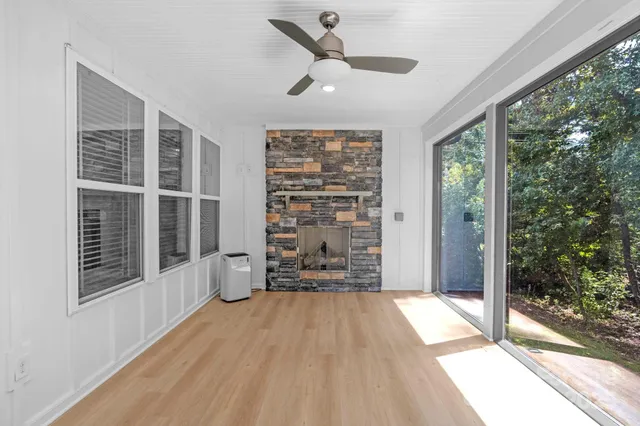 a view of an empty room with stairs