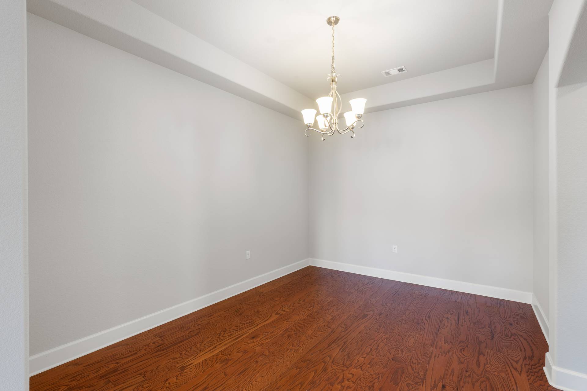 3516 Venezia View Leander, TX 78641 - Photo 23 of 40 Dining room with hanging lights, dark wood-style flooring, and a tray ceiling