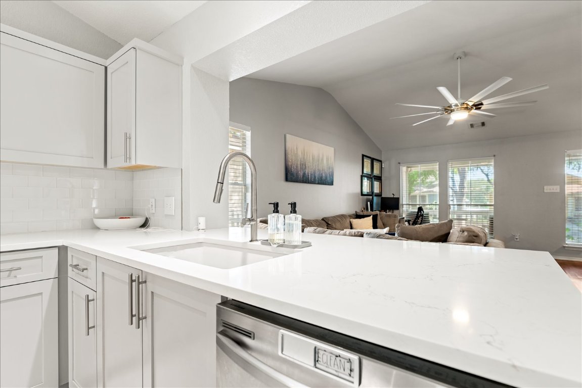 4456 Mather Kyle, TX 78640 - Photo 25 of 25 Kitchen featuring lofted ceiling, dishwasher, white cabinetry, open floor plan, and a ceiling fan