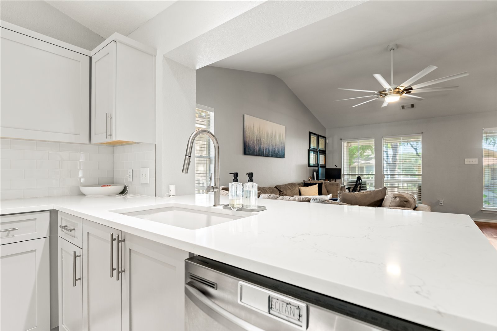 4456 Mather Kyle, TX 78640 - Photo 25 of 25 Kitchen featuring lofted ceiling, dishwasher, white cabinetry, open floor plan, and a ceiling fan