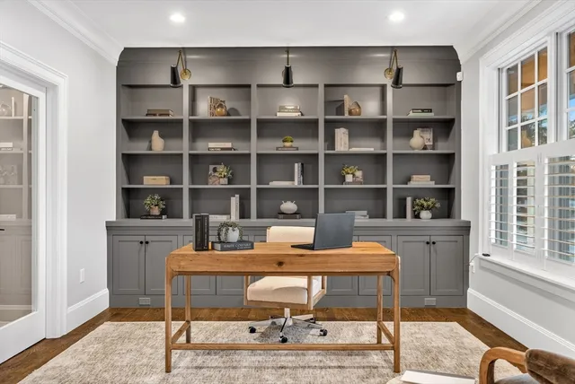 a workspace with a bookshelf