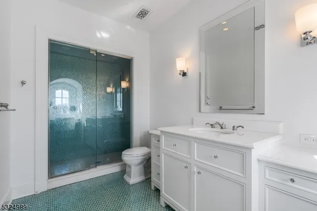 a bathroom with a toilet a sink a mirror a shower a vanity and window