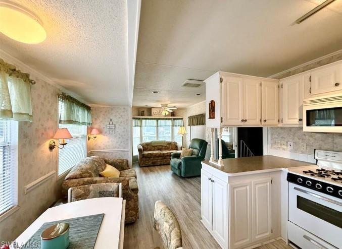 458 Vanda Sanctuary Naples, FL 34114 - Photo 18 of 50 a kitchen with stainless steel appliances a stove a sink a refrigerator white cabinets and couches with wooden floor