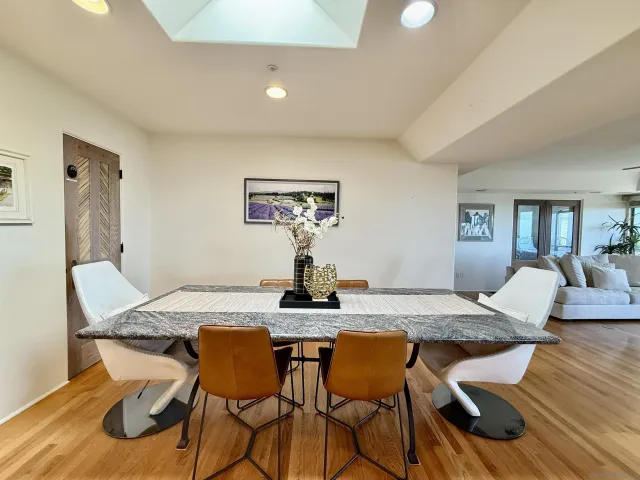 a view of a dining room with furniture