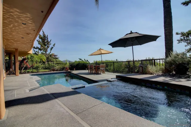 a view of swimming pool with outdoor seating and plants