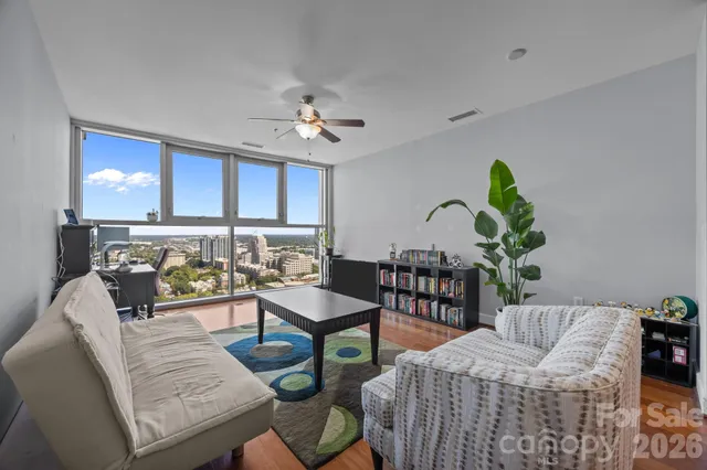 a living room with furniture and a potted plant