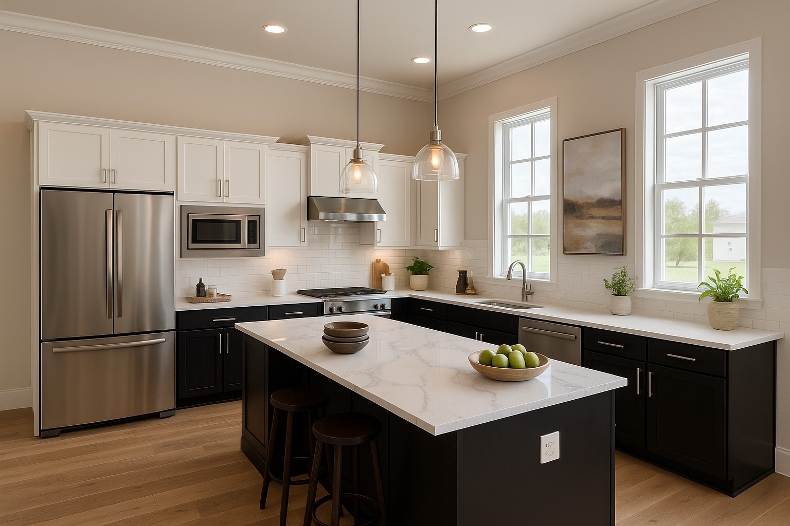 2620 Lake Kolbe Lane Houston, TX 77080 - Photo 4 of 14 Big and Bright Kitchen - Calcutta Quartz Countertops. Cabinetry is Furniture Grade - Soft Close Drawers and Doors w/Hardware (Virtual Staged Picture- Also Fridge and Pendant Lights were virtually added)