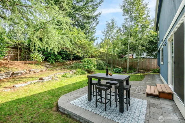 a backyard of a house with garden and outdoor seating