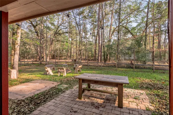 a view of a bench in a garden