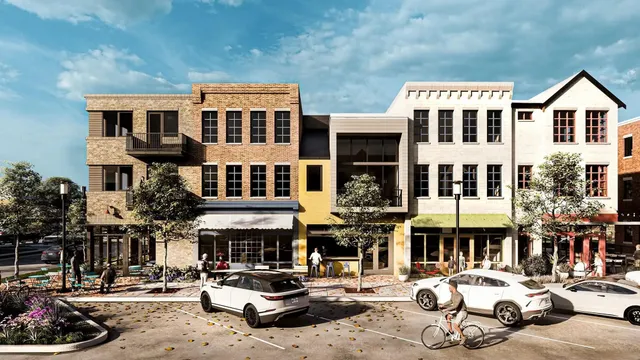 a front view of a building with street view