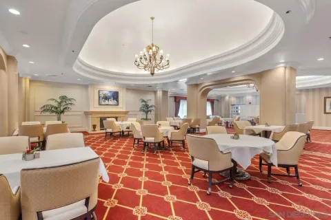 a view of a dining room with furniture