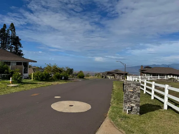 a view of a lake with a yard and mountain in the back