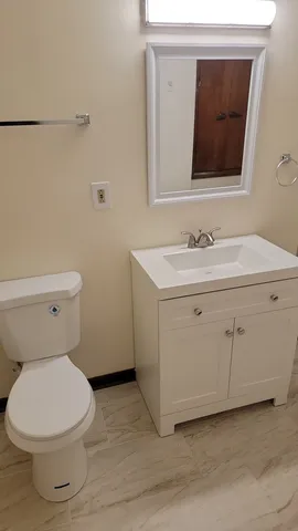 a bathroom with a toilet a sink a mirror and vanity