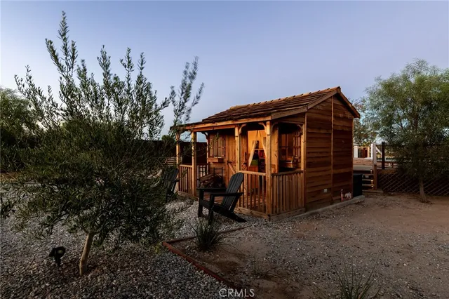 a view of a street with a patio