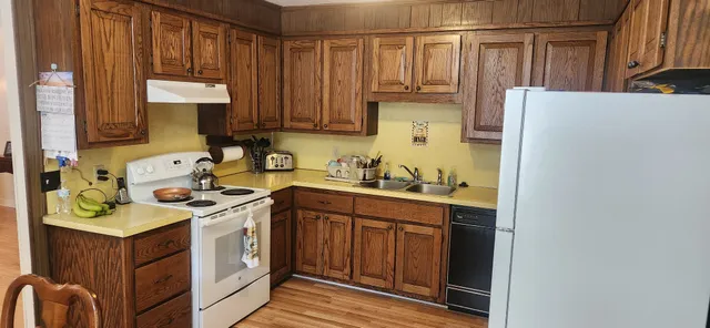 a kitchen with a sink and a refrigerator
