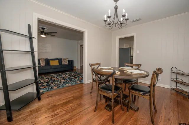 a view of a dining room with furniture and wooden floor