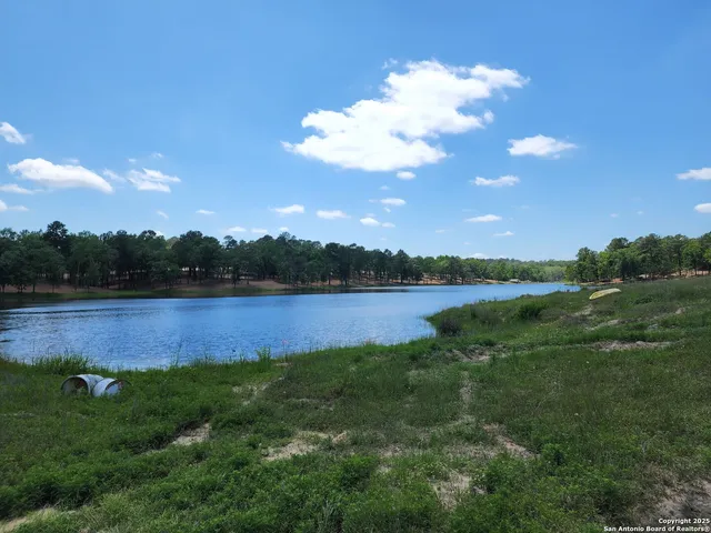 a view of a lake with houses in the background
