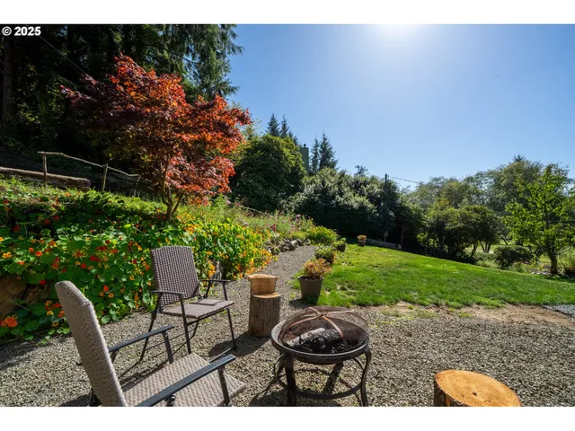 a view of a backyard with sitting area