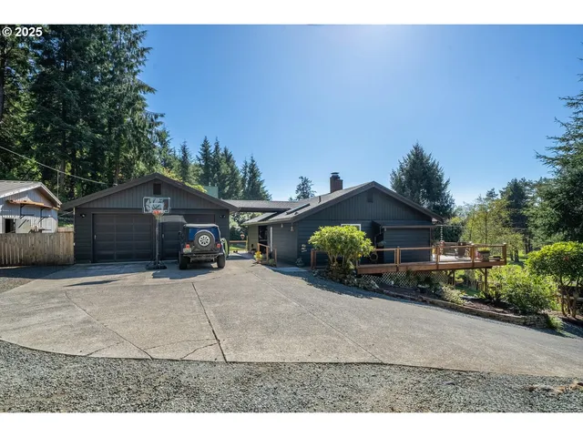 a backyard of a house with wooden fence and trees