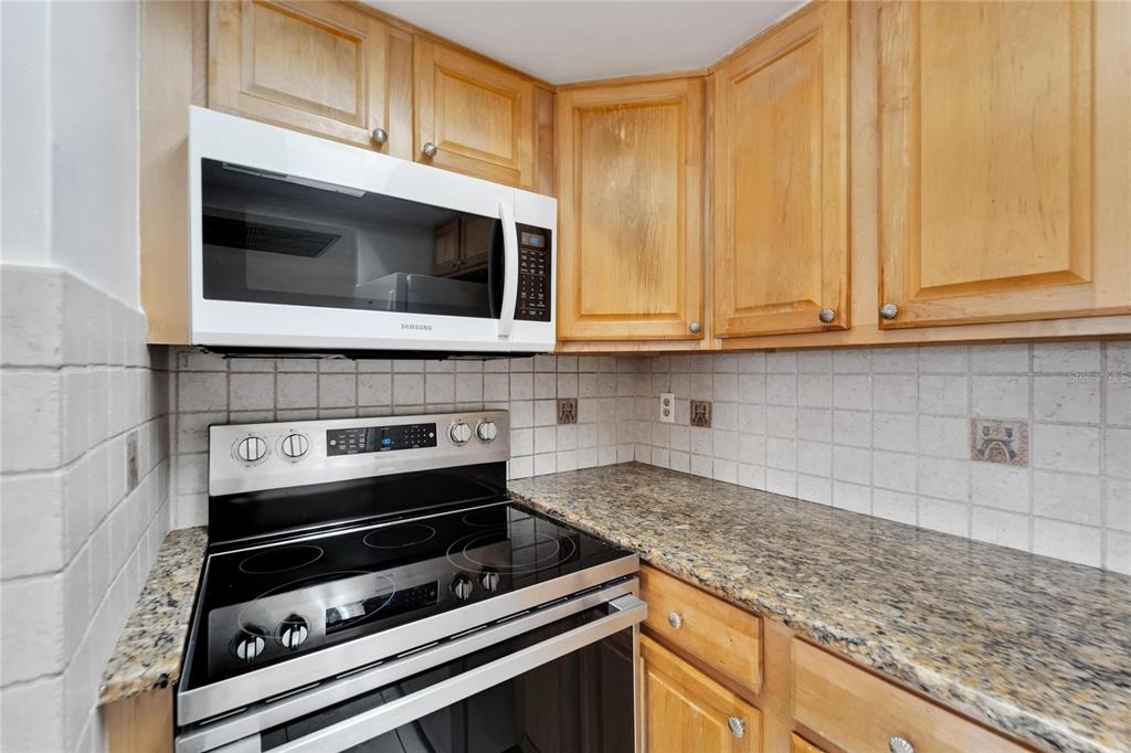 4600 Marine Parkway, Unit 104 New Port Richey, FL 34652 - Photo 24 of 69 a kitchen with granite countertop a stove and a microwave