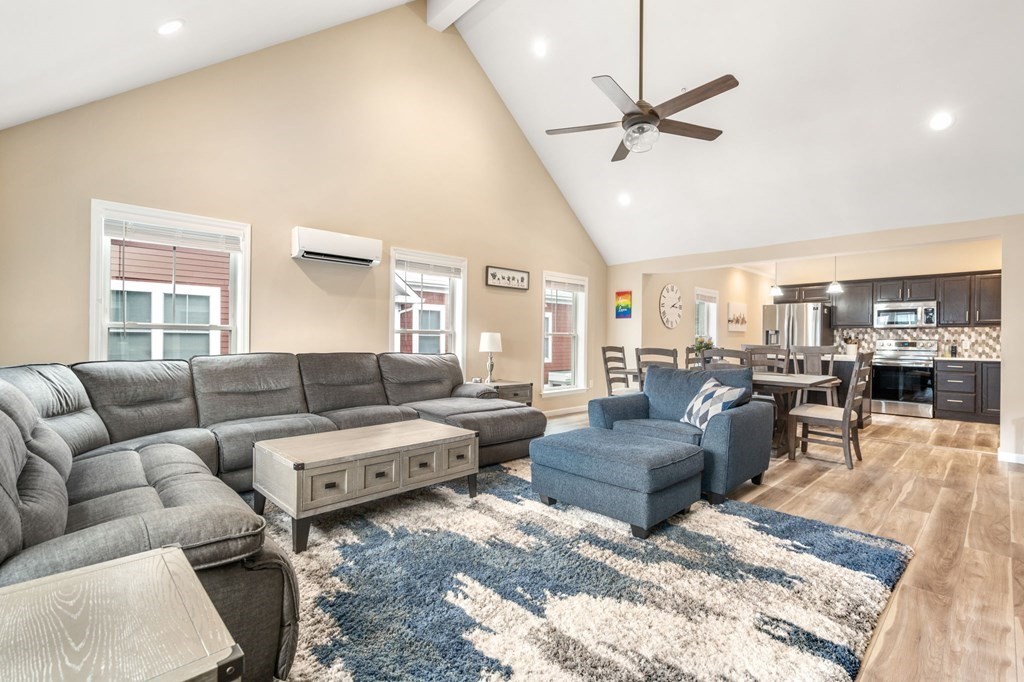 a living room with furniture ceiling fan and a rug