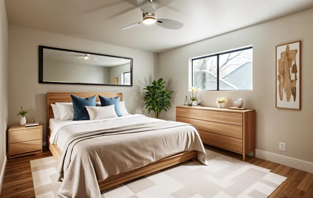 a bedroom with a large bed and a window