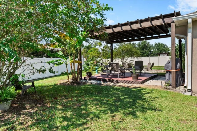 a view of a backyard with sitting area
