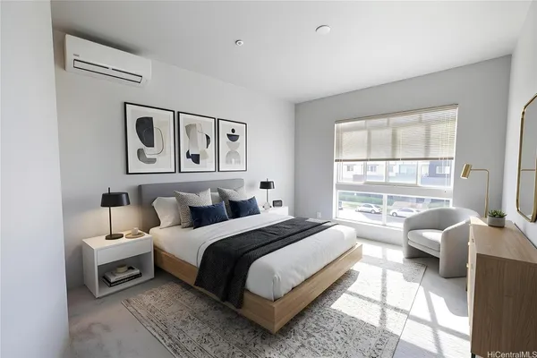 a bedroom with a bed and glass window