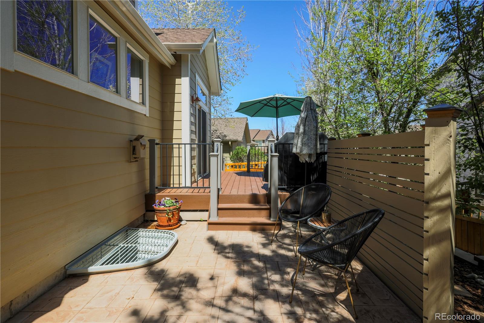 3754 Broadview Place Castle Rock, CO 80109 - Photo 37 of 43 a view of a patio with a table and chairs under an umbrella with a small yard