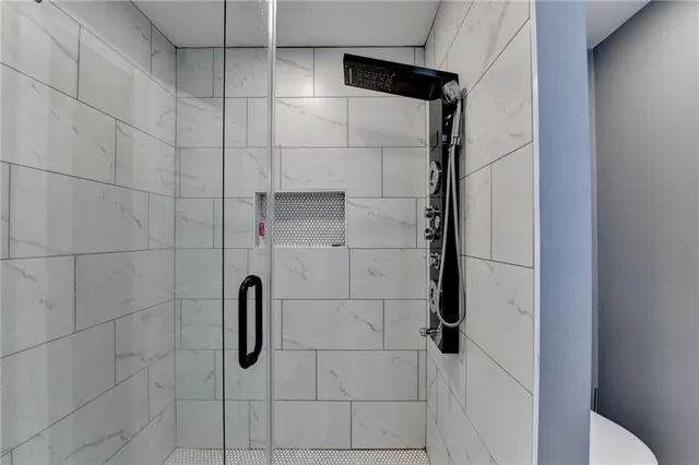 a bathroom with a shower and a toilet